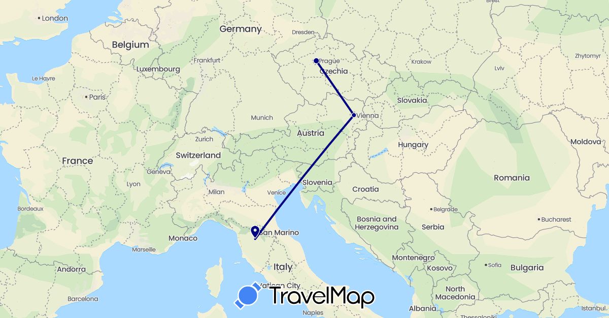 TravelMap itinerary: driving in Austria, Czech Republic, Italy (Europe)